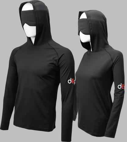 Male and female sleep hoodies in black with gray background