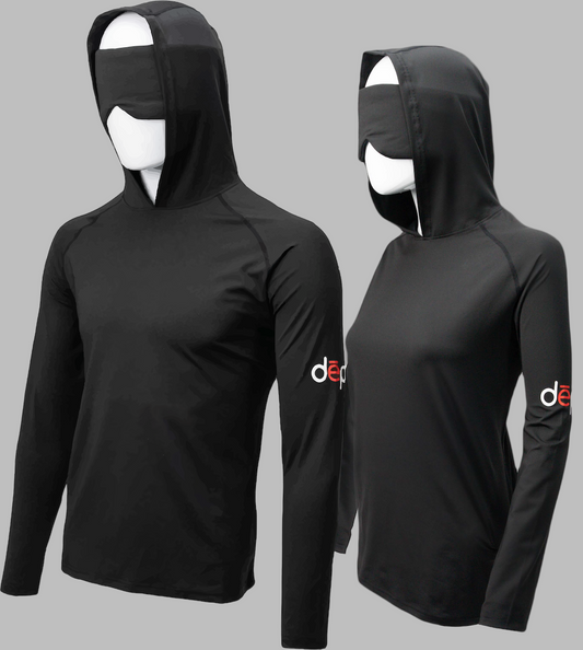 Male and female sleep hoodies in black with gray background